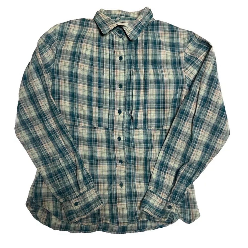 The North Face Top Womens M Teal Green Plaid Flannel Long Sleeve Pleated Button